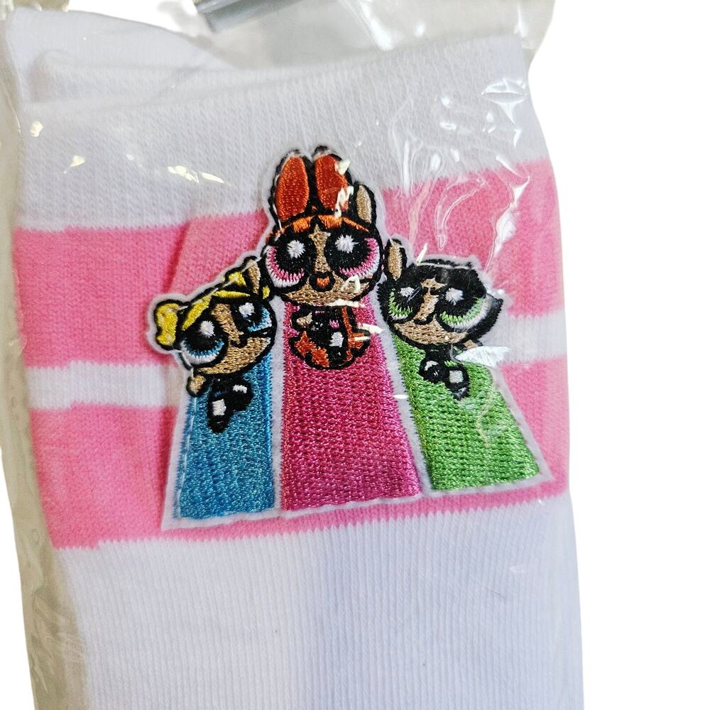 Power Puff Girls Socks One Size White Embroidery Patch Calf High Retro Y2K Style - Picture 2 of 3